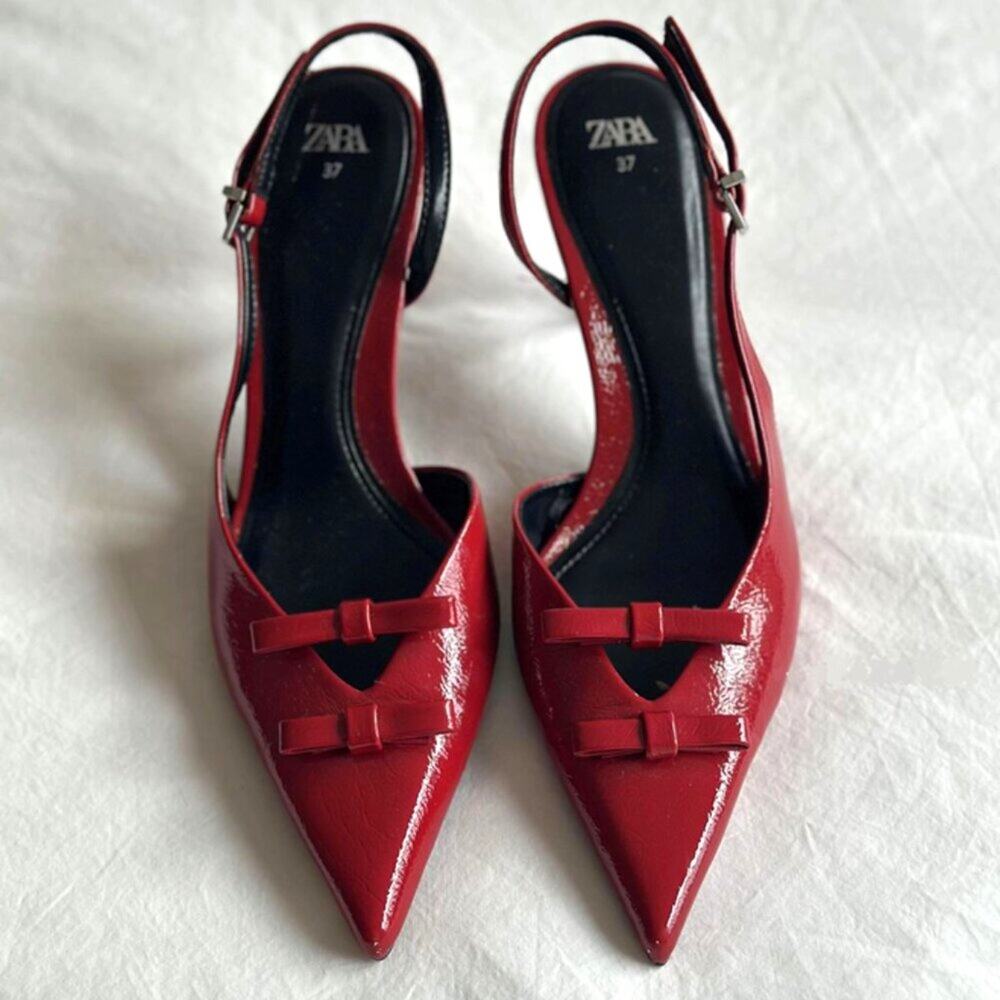 Zara Red Bow Slingback Heels Pointed Toe NWT - Picture 9 of 16